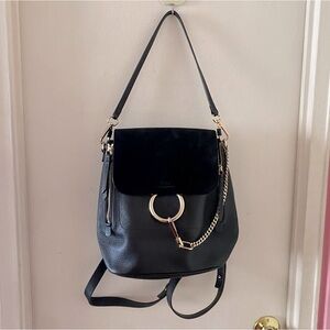 Chloe Faye Black Leather Backpack Shoulder Bag with Gold Tone Hardware